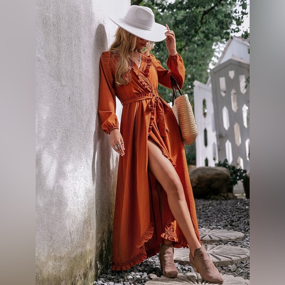 NEW SIMPLEE APPAREL Simplee Frill Trim Belted Wrap Hem Dress M - Picture 2 of 12